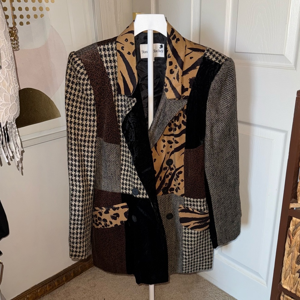 Vintage Patchwork Houndstooth & Animal Print Blazer - Brown/Black